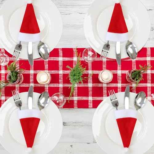 tonhui 20PCS Christmas Santa Hats Silverware Holders 6.5 x 3.3 Inch, Mini Santa Hat Tableware Decoration Christmas Party Dinner Table Flatware Decor