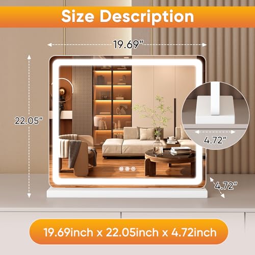 Square White LED Vanity Mirror 22x19 Inch Tabletop Makeup Lighted Mirror