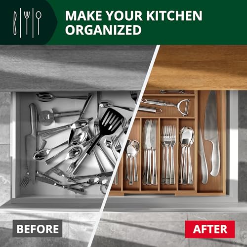 Brown Bamboo Expandable Kitchen Drawer Organizer - Silverware & Utensil Tray with Grooved Dividers, 9 Slots