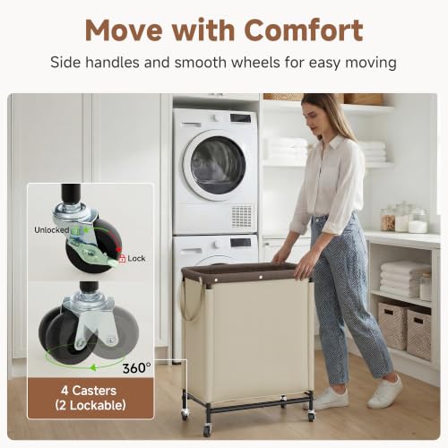 Laundry Hamper 2-Section 100L with Wheels - Light Khaki Sorter Cart