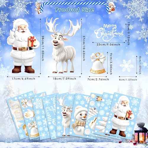 AhfuLife Christmas Window Clings, 190 PCS Large 3D Reusable Window Stickers for Glass, 9 Sheets Double Sided Santa Claus Snowman Snowflakes Reindeer Stickers for Party Decorations