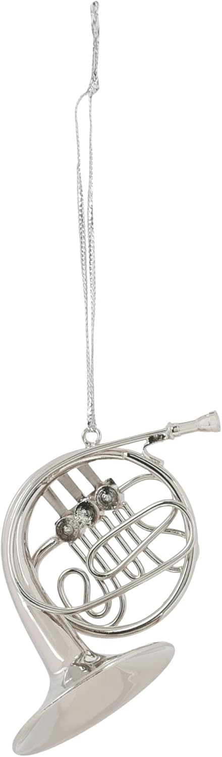 French Horn Hanging Ornament - 4 Inch Silver Tone Brass Decoration by Broadway Gifts