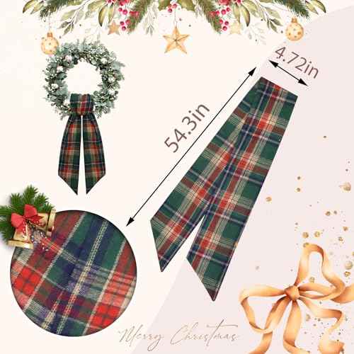 Christmas Wreath Sash for Front Door, Green Red Plaid Burlap Ribbon Sash Xmas Holiday Wreath Accessories for Thanksgiving New Year Decorations
