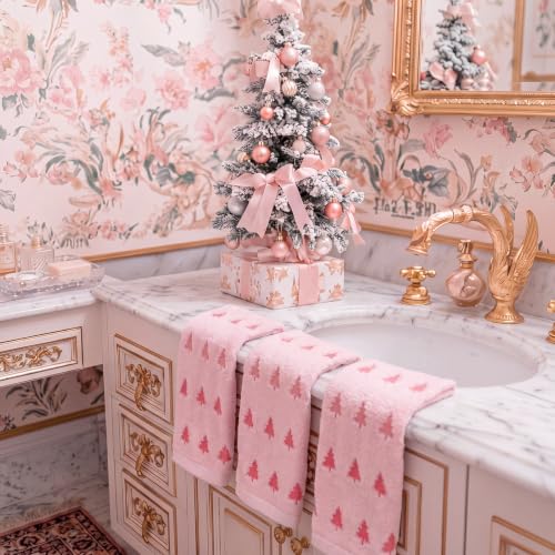 Hahafelt 3Pcs Pink Christmas Tree 100% Cotton Hand Towels – 13.4 x 30 in