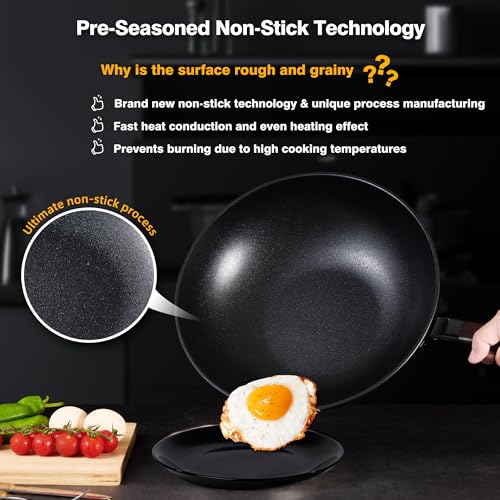 13-Inch Carbon Steel Wok with Lid - Nonstick Stir-Fry Pan, Black