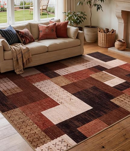 YIHOUSE Brown 5' x 7' Modern Geometric Patchwork Rug for Living Room & Bedroom