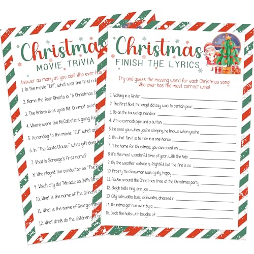 UHADRE 2-in-1 Christmas Games: Movie Trivia & Finish the Lyrics (30 Cards, Double-Sided)