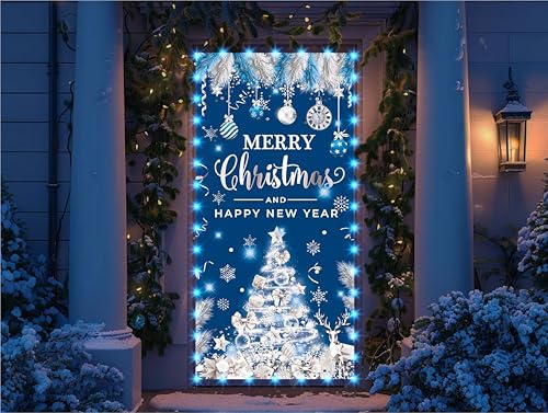 Lighted Christmas Door Cover - Blue Silver Tree Banner for Holiday Decor
