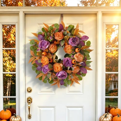 24 Inch Fall Wreath for Front Door with Orange & Purple Peony - Autumn Decor