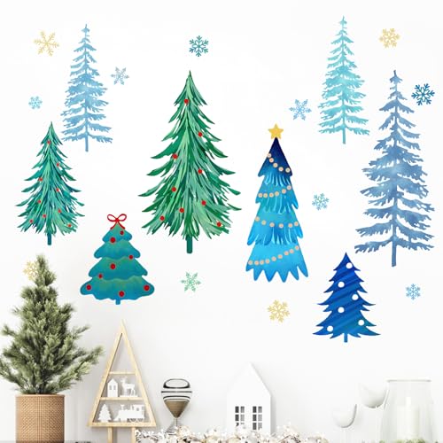 Mfault Winter Pine Tree Wall Decals Stickers, Watercolor Christmas Tree Snowflake Decorations Bedroom Art, Seasonal Xmas Holiday Home Kitchen Decor