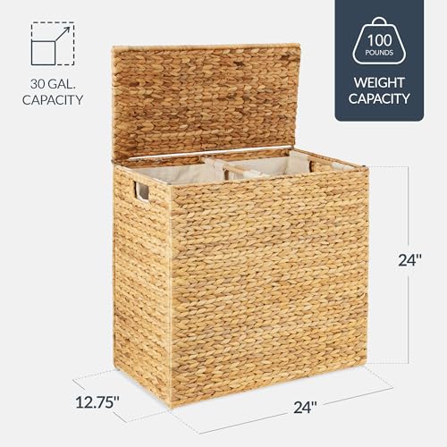 Large Laundry Hamper with Lid - Natural Handwoven Hyacinth, 30 Gallon (114L), Removable Washable Liners, Handles - Natural / Large 114L