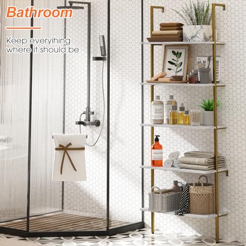 Wall Mount Ladder Shelf 5 Tiers White Marble Finish 2-Piece Modern Bookcase
