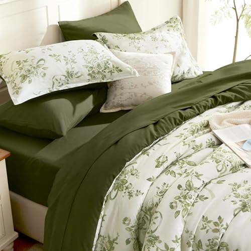 Andency Green Floral Queen Comforter Set 7-Piece Bedding with Sheets & Shams
