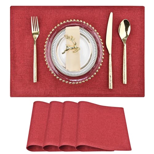 Wine Red Christmas Linen Placemats Set of 4 – Heat-Resistant, Machine Washable, 18x12 inches