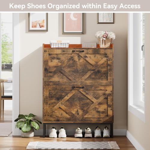 Nicetree Rustic Brown Shoe Storage Cabinet with 2 Flip Drawers, Slim Entryway Organizer