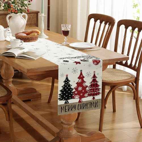 Christmas Decorations - Merry Christmas Table Runner 13x72 Inch,Red Pine Trees Winter Xmas Table Decoration for Home Kitchen Dining Holiday Decor
