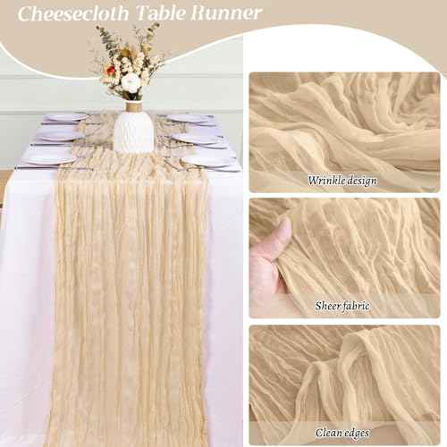 13Ft Beige Cheesecloth Table Runner, 35x160 inches Long Boho Gauze Cheese Cloth Table Runner, Cream Rustic Sheer Table Runners for Wedding Birthday Party Bridal Baby Shower Table Decorations