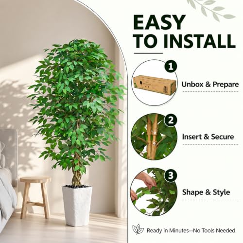 6FT Artificial Ficus Tree with White Planter - Realistic Faux Indoor Plant - Green Leaf Variation