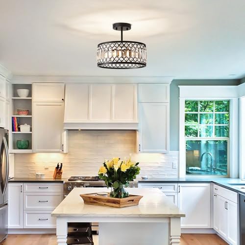 Pevfah Crystal Black Ceiling Light, 3-Light Semi Flush Light Fixture,