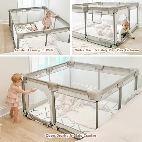 ZEEBABA Baby Playpen with Mat 47x47in - Grey, Safe Play Yard for Toddlers