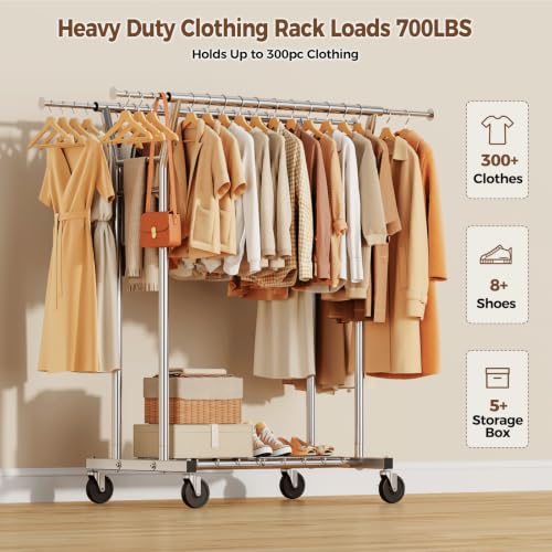 HYSEYY Silver Heavy Duty Rolling Clothes Rack with Shelves - 700LB Capacity