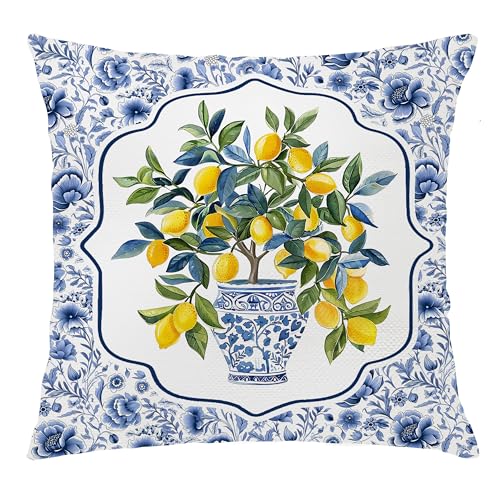BUJSP Chinoiserie Lemon Double-Sided 18x18 Floral Pillow Cover - Seasonal Blue/White