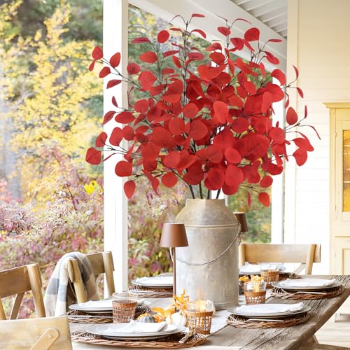 Red Artificial Eucalyptus Leaves Stems 33.8'' for Christmas & Holiday Decor - Set of 4