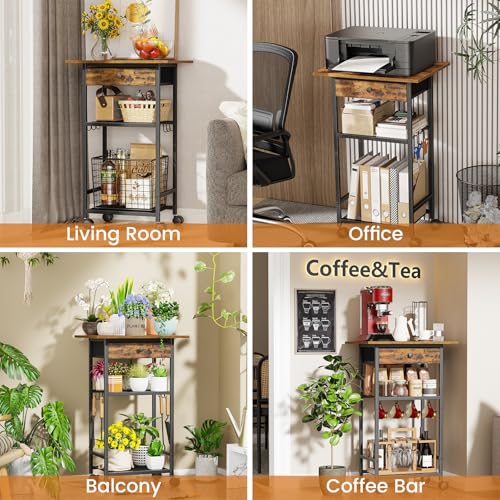 Draelibor Rustic Brown 4-Tier Microwave Cart with Adjustable Shelf & Drawer - Kitchen Utility Storage Stand