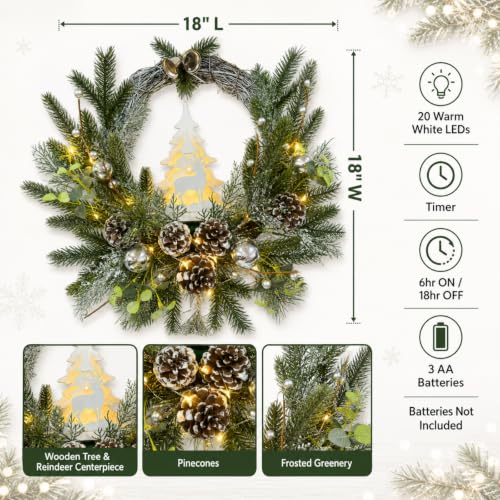 Svndlyn 18-Inch Indoor Outdoor Christmas Wreath with Silver Ornaments & Timer