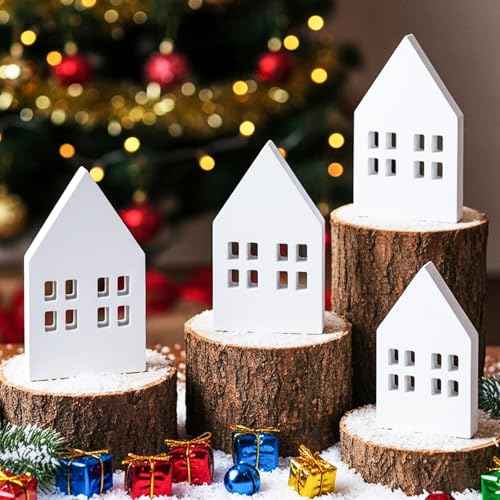 4pcs Wooden House Home Sign for Tiered Tray Table Centerpiece Decorations,Rustic Farmhouse White Small Wood Houses Shaped Sign for Coffee Table,Living Room Home Kitchen Decor