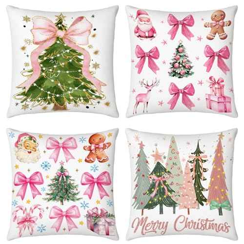 Mixweer 4 Pcs 18 x 18'' Coquette Pillow Covers Pink Bow Pillow Covers Watercolor Aesthetic Room Decoration for Bedroom Livingroom Bedroom Decor (Christmas Style)