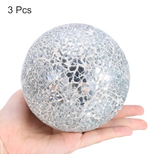 uxcell 3Pcs 4in Mosaic Glass Decorative Balls Silver Centerpiece Orbs