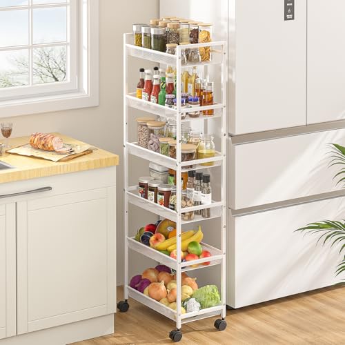 White 6-Tier Slim Rolling Storage Cart - Narrow Mobile Organizer with Wheels
