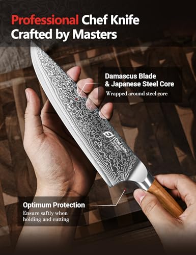 Emojoy 3-Piece Japanese Damascus Steel Knife Set with Olive Wood Handles & Wooden Box - Variation 3