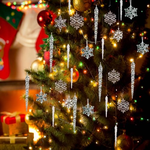 36PCS Crystal Snowflake & Icicle Christmas Ornaments Set - Holiday Decor