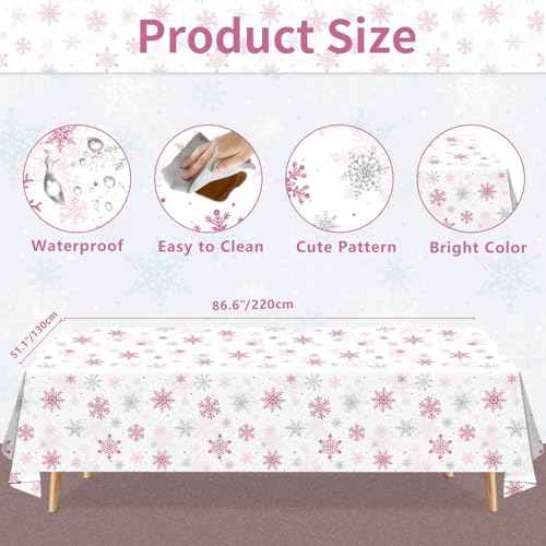 4PCS Christmas Snowflake Tablecloth Xmas Party Table Cover Pink Snowflake Table Cloth Christmas Theme Party Decorations Winter Holiday Supply 51X86IN