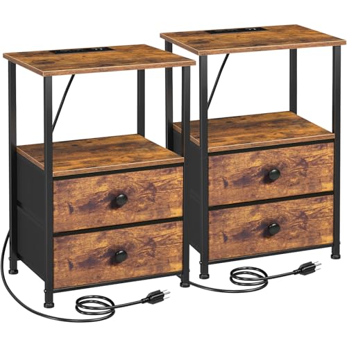 LOAKEKEL Rustic Brown Nightstands Set of 2 with Charging Station - Modern Bedside Tables