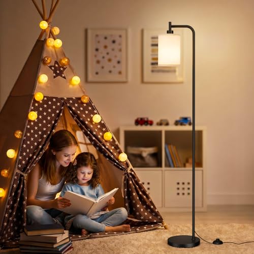 64-Inch Dimmable Floor Lamp with Remote & Foot Switch - Beige Shade, Black Pole, 9W LED Included - Beige-Black