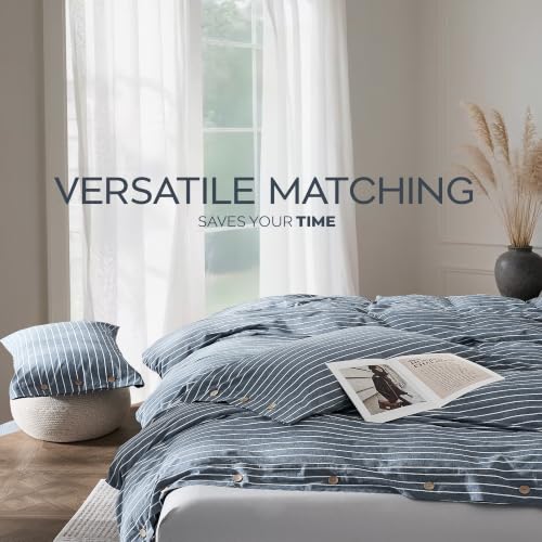 JELLYMONI Queen Duvet Cover Set 100% Washed Cotton Blue Pinstripe Linen Look