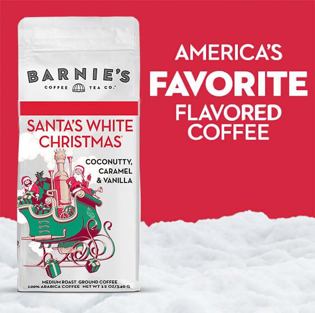 Barnie’s Santa’s White Christmas Ground Coffee, 12 oz bag (Pack of 2) – Coconut, Caramel & Vanilla, Medium Roast