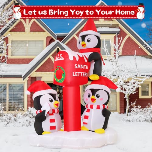 GOOSH 6.5 ft Christmas Inflatable Penguins with Santa Mailbox—LED Lighted Outdoor Yard Decor
