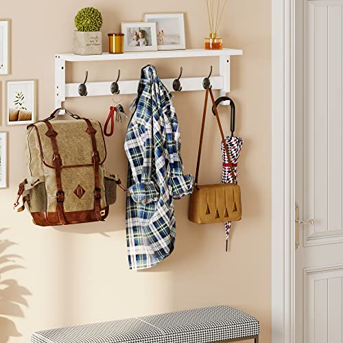 Wall Mount Coat Rack with Shelf 5 Hooks 28.9 Inch Wooden Entryway Organizer - White