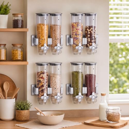Huwena 4 Sets Wall Dispenser with 3L Cereal Storage - Silver