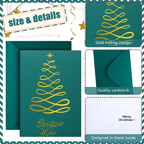 Dark Green Christmas Cards Bulk with Envelopes 100 Pcs 5.5 x 4" Gold Foil Greeting Cards