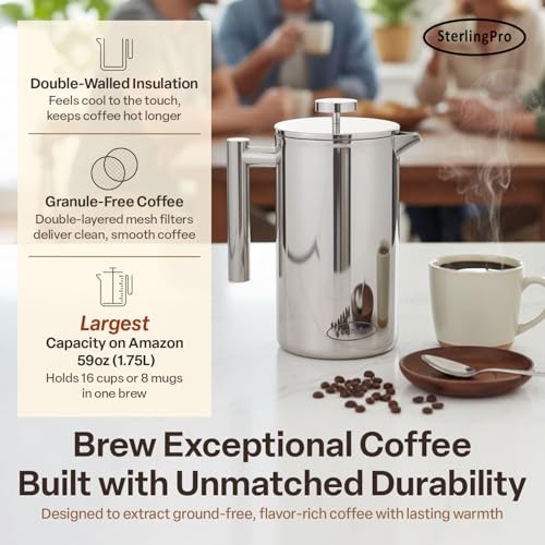 Mirror Finish 64oz Extra Large Stainless Steel French Press Coffee Maker, 16 Cups