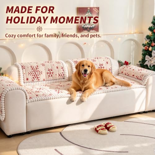Christmas Plush Sofa Cover 28x94 for Large Sectional Sofa – 1PC, Beige/White, Non-Slip Dog Friendly