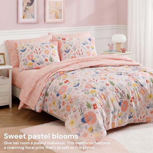 Full Size Pink Floral Comforter Set with Aster Flower Pattern - 7 Pieces, Girl's Bed in a Bag