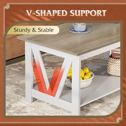 WLIVE 39.4-Inch Farmhouse Coffee Table with Storage Shelf - White, Variation of White / 39.4"