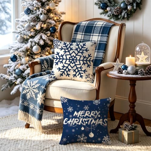 Blue Merry Christmas Snowflake Pillow Covers 18x18 Inch, Set of 4 - 18" Square