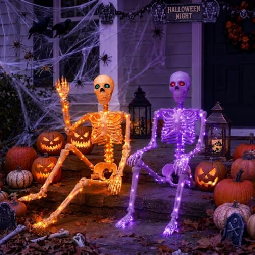 Halloween Skeleton Decor 2 Pack with Orange & Purple Lights, Adjustable Joints, 3FT